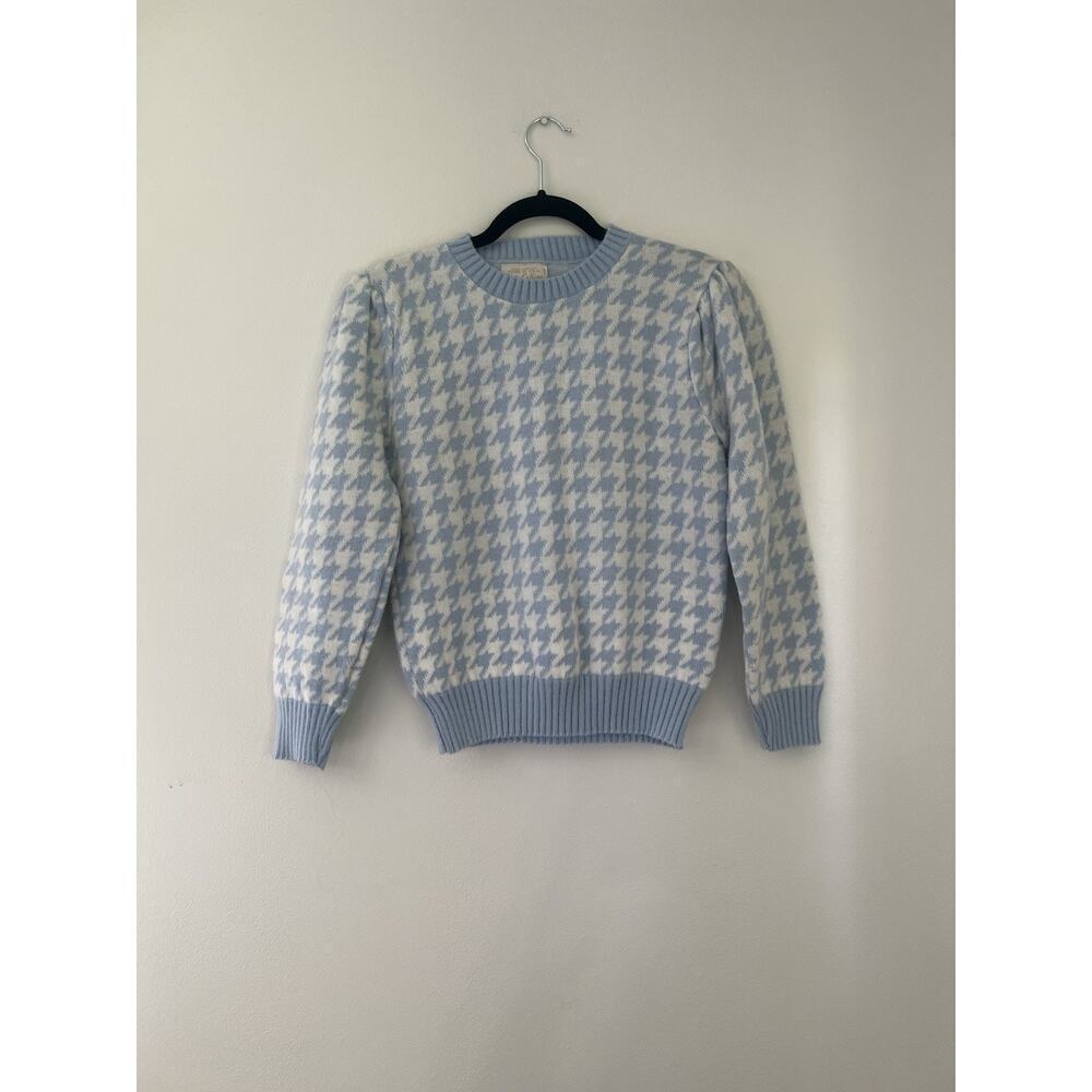 Vintage Ice Baby Blue Houndstooth Knit Sweater Puff Sleeve Kate Collin’s pastel
